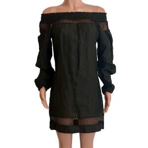 Temptation Positano Mini Dress Sz XS Black Linen Off The Shoulder Crochet Trim